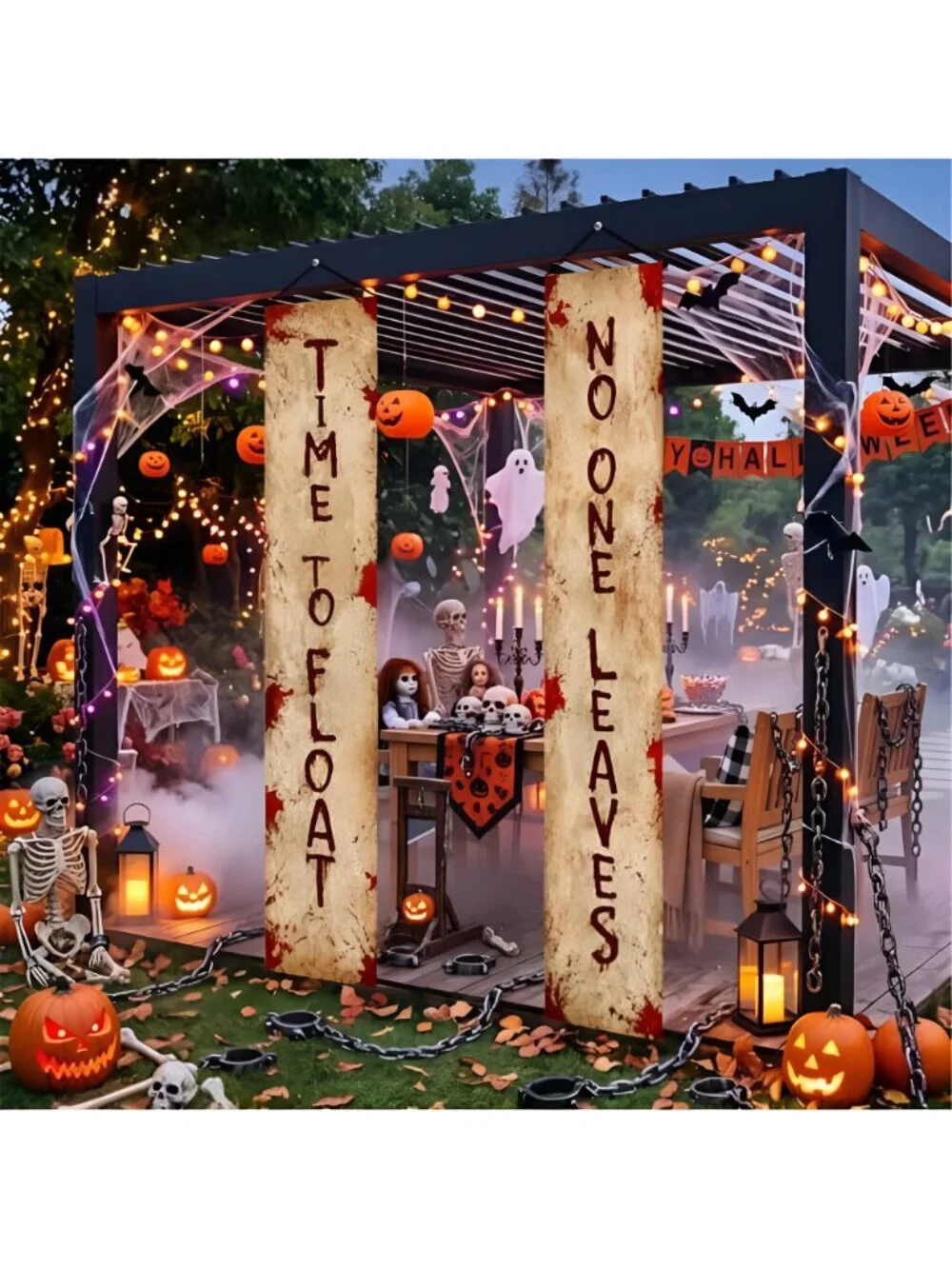 2 PCS Halloween Bloody Porch Banner Decorations Bloody Time to Float No One